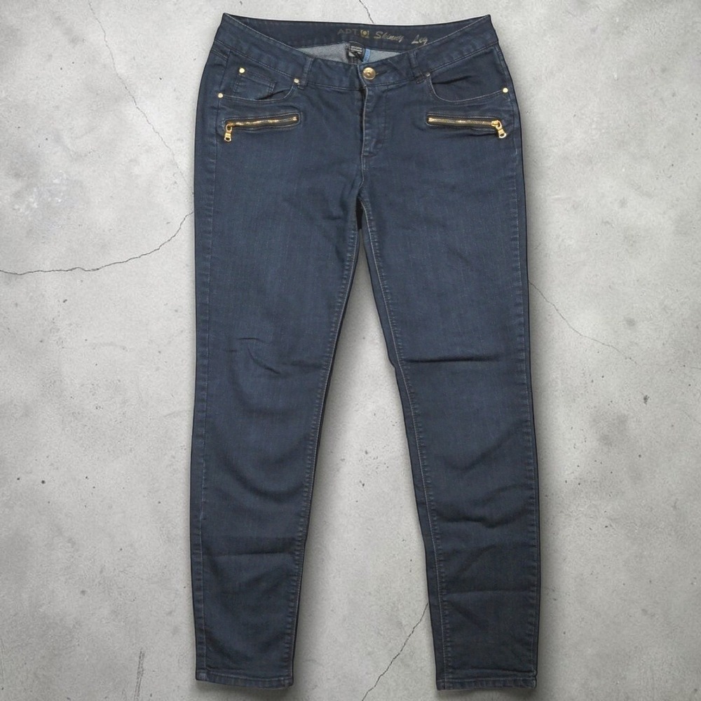 Apt. 9 Modern Skinny Leg Jeans Womens 6 Dark Wash Denim Gold Zipper Pockets Boho